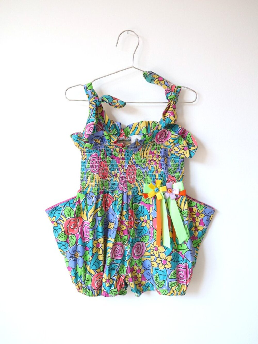 Vintage Neon Flower Print Summer Bubble Short Romper / 4Y